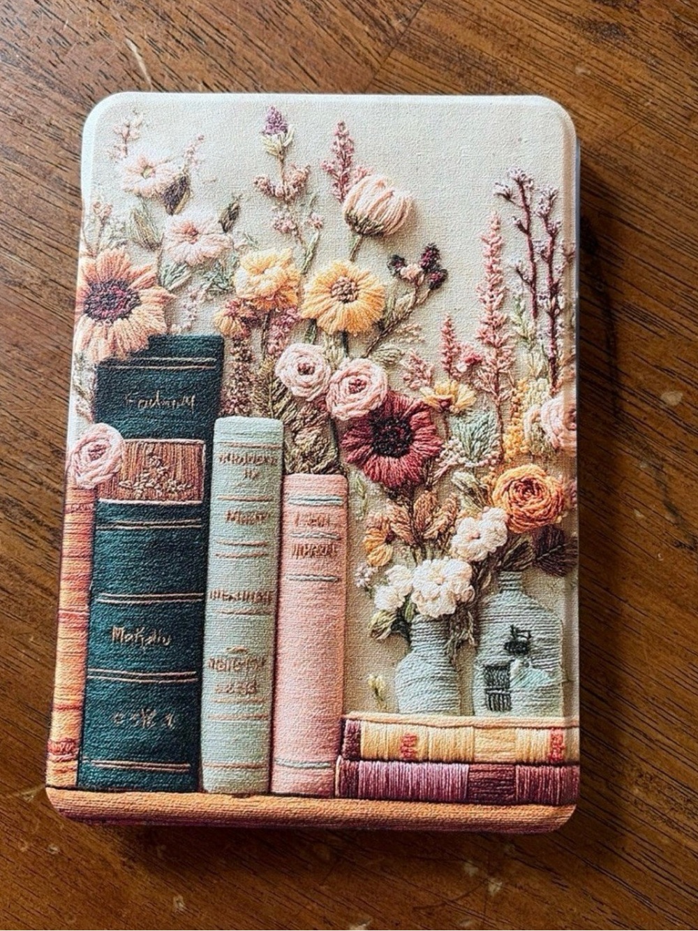 Floral Bookshelf Embroidered Kindle Case - Pink, Teal, Cream